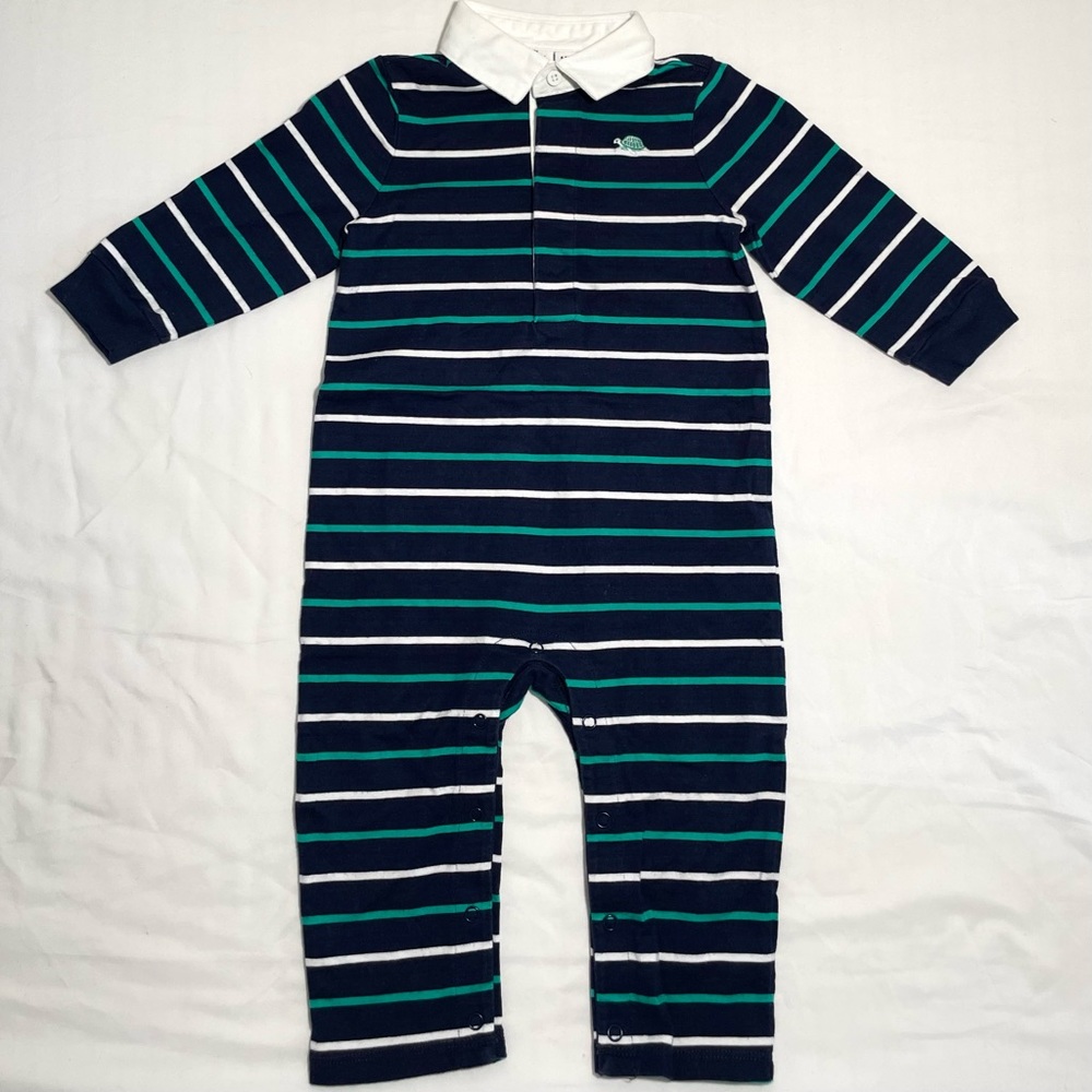 Janie & Jack Baby Boy Collared Preppy Blue Green Turtle Overall Romper 6-12 Mont